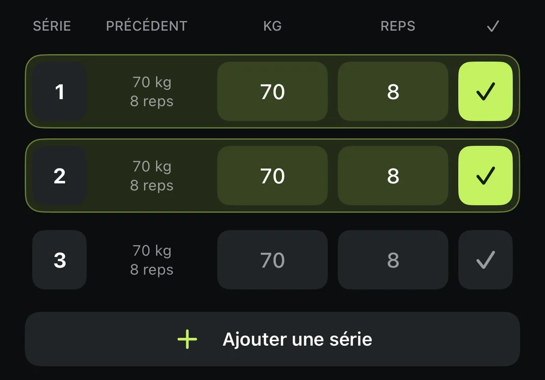 Séries validées dans Aven : 70 kg pour 8 répétitions, avec la performance précédente à côté