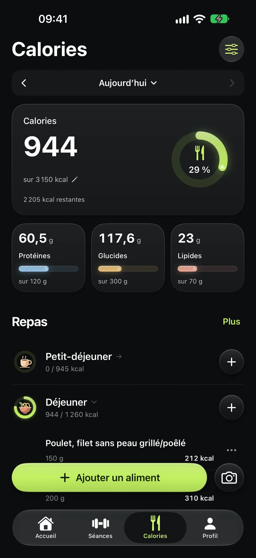 Journal Calories d’Aven : 944 kcal sur 3 150, protéines, glucides, lipides et repas de la journée