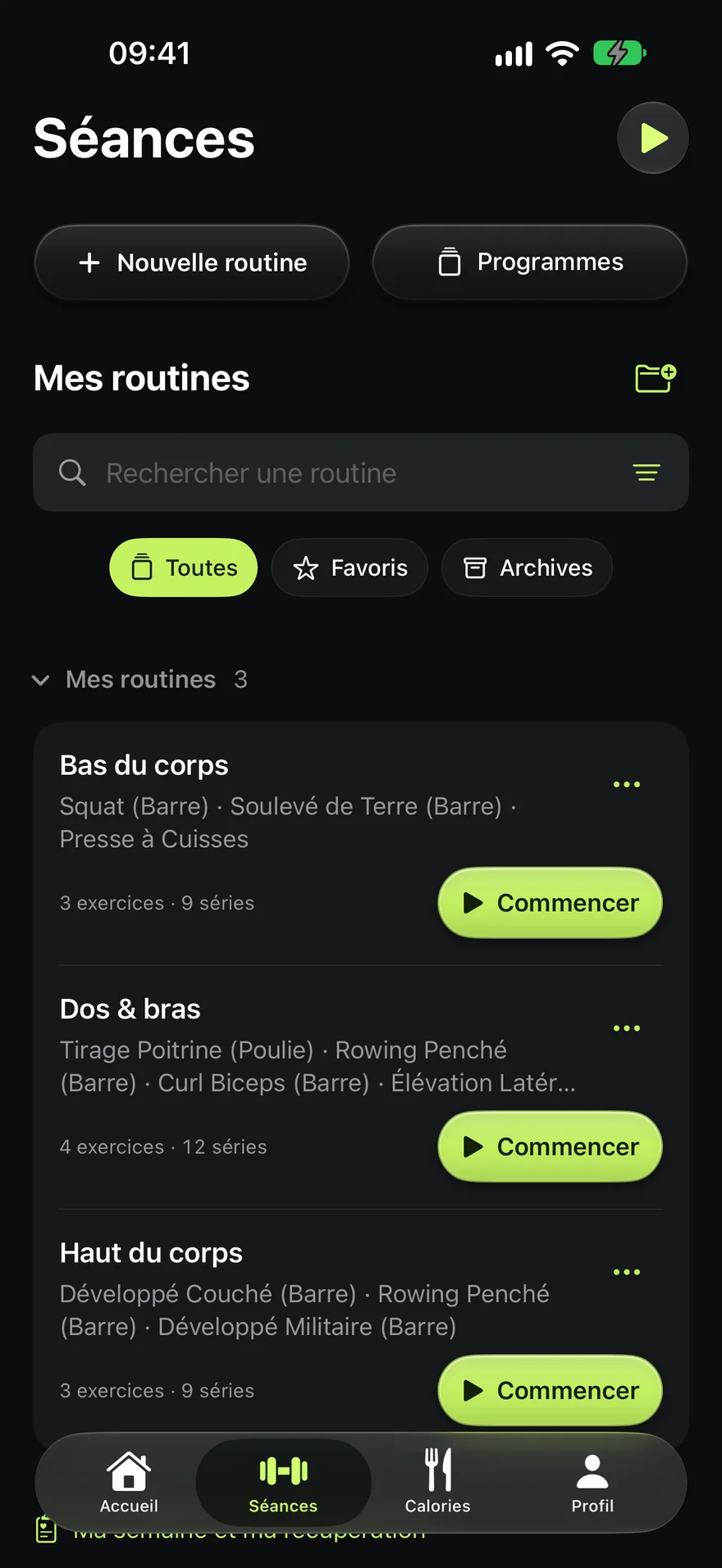 Onglet Séances d’Aven : routines Bas du corps, Dos & bras et Haut du corps prêtes à commencer