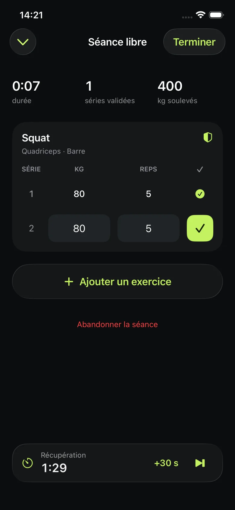 Écran de séance active dans Aven